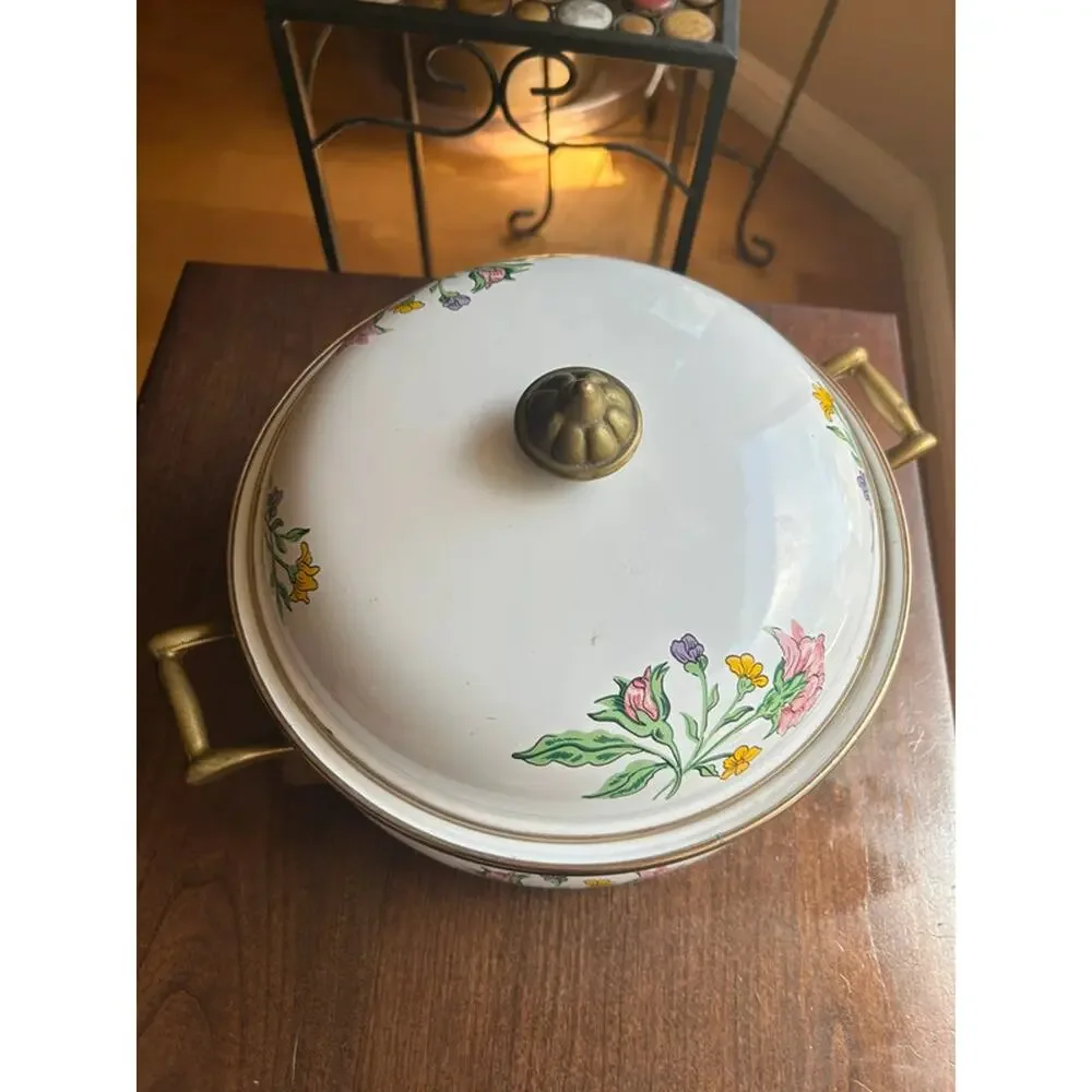Tabletops Unlimited Dar Collection Enamel On Steel Floral Vintage PotWith Lid